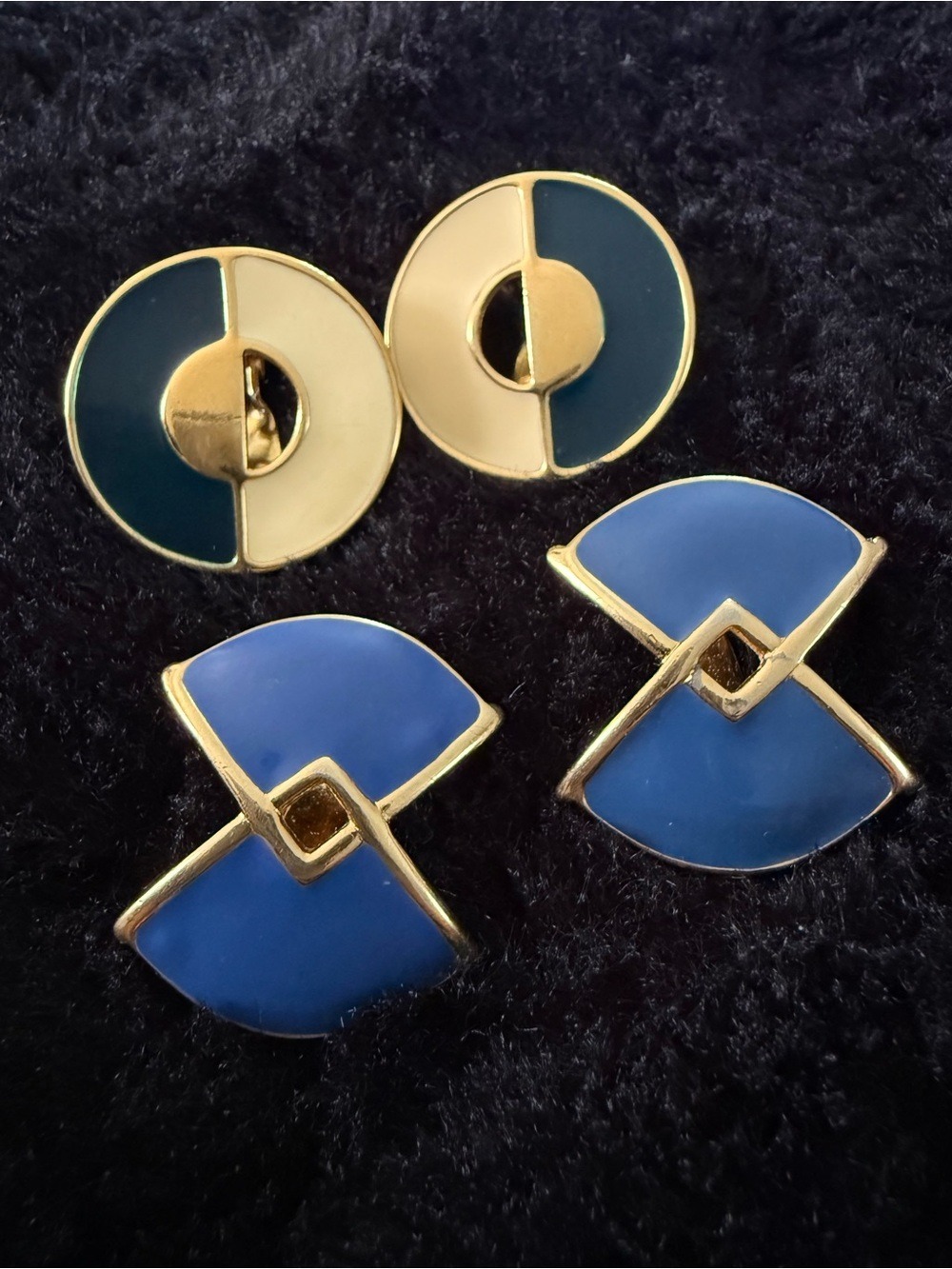 Vintage Monet Enamel 2 Pair Earrings Set Navy White Circle Blue Bow Gold Tone